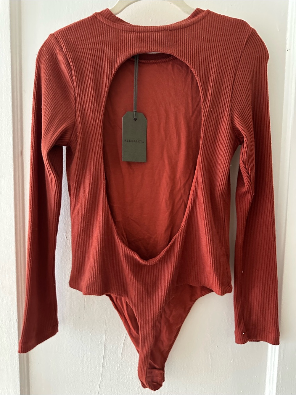 All Saints Molly LS Bodysuit Open-Back Ribbed Long-Sleeve Bodysuit in Berry Red - Picture 3 of 11